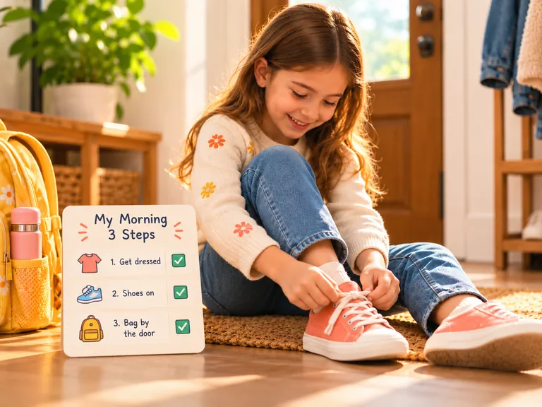A child sitting on a woven rug by the front door, tying her own shoelaces, with her backpack and a 3-step morning card beside her.