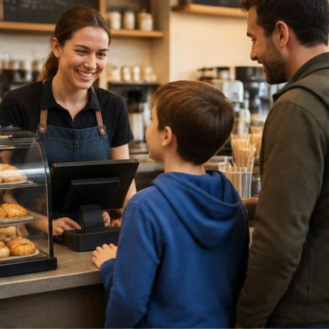 A child speaking to a smiling cafe server with his father close beside him.