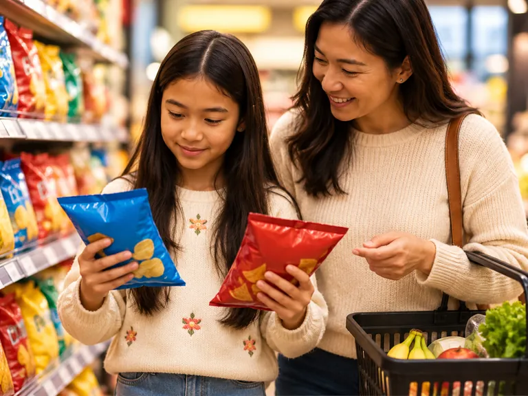 A child holding two snack packets in a grocery aisle, comparing them, while her mother stands close beside her with a basket of shopping.