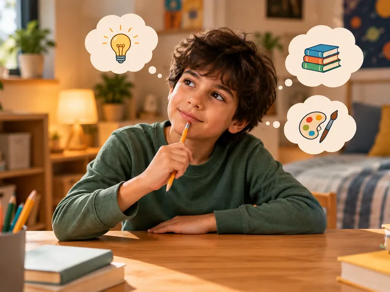 A boy at his desk holding a pencil to his chin, picturing a lightbulb, a stack of books and a paint palette.