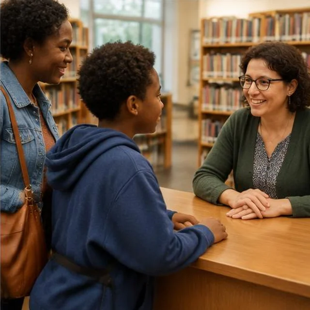 An older child talking to a librarian with a parent close by.